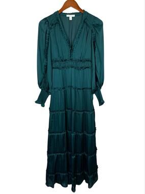 Chelsea & Violet Maxi Dress Emerald Green Tiered Long Sleeve Ruffles Women's XS